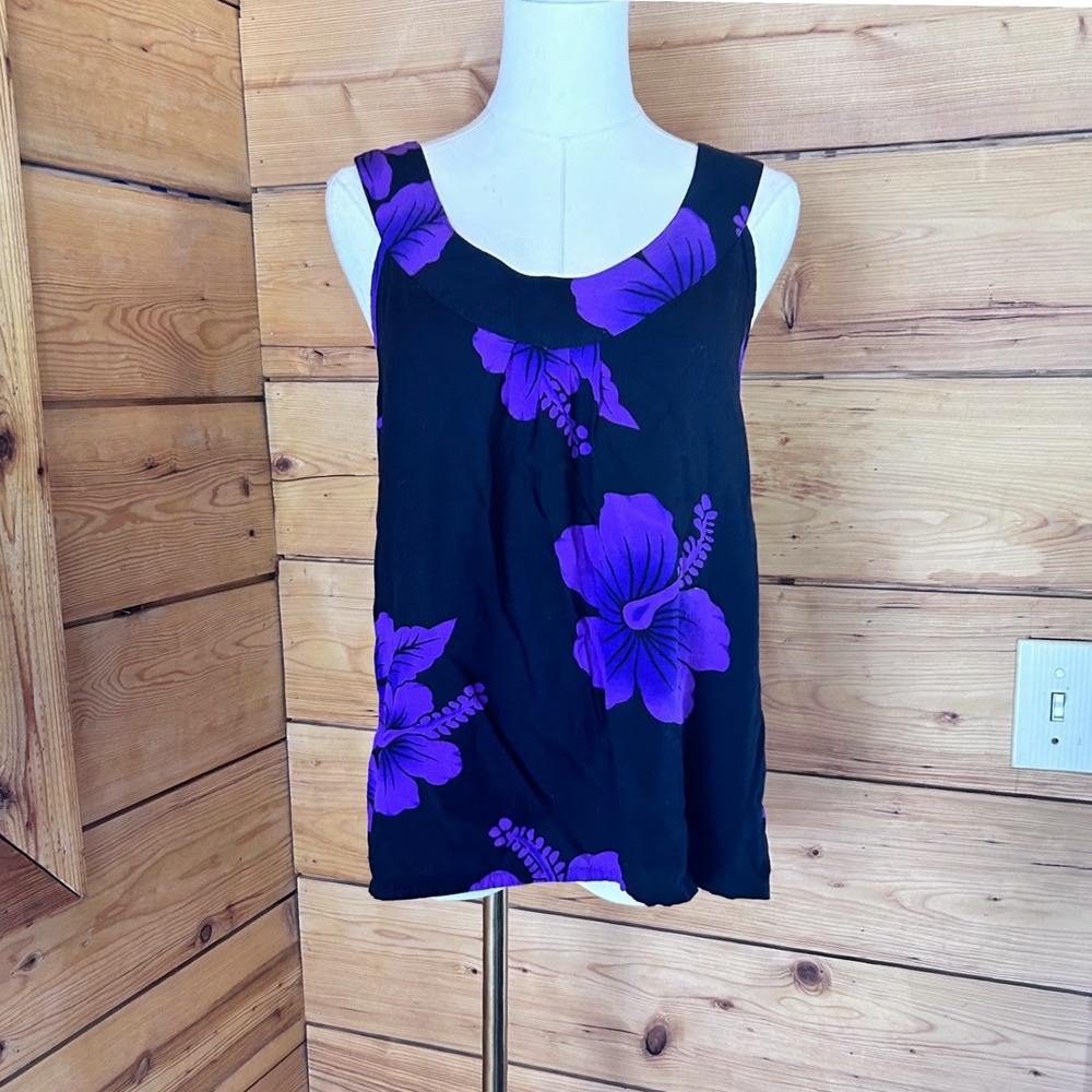 Vintage Tank Top Womens Medium Purple Black Hibiscus Tropical Aloha Hut Hawaii